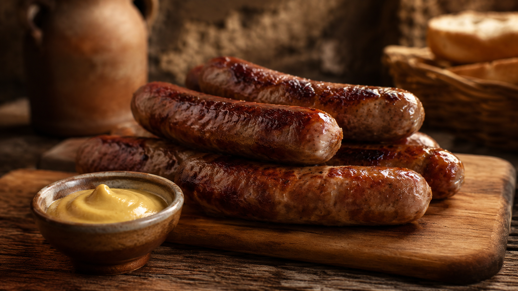 Des saucisses grillees sur une planche en bois avec de la moutarde, dans un decor rustique