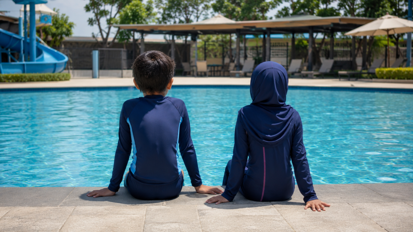 Deux enfants vus de dos au bord d'une piscine publique l'ete, prets a entrer dans l'eau