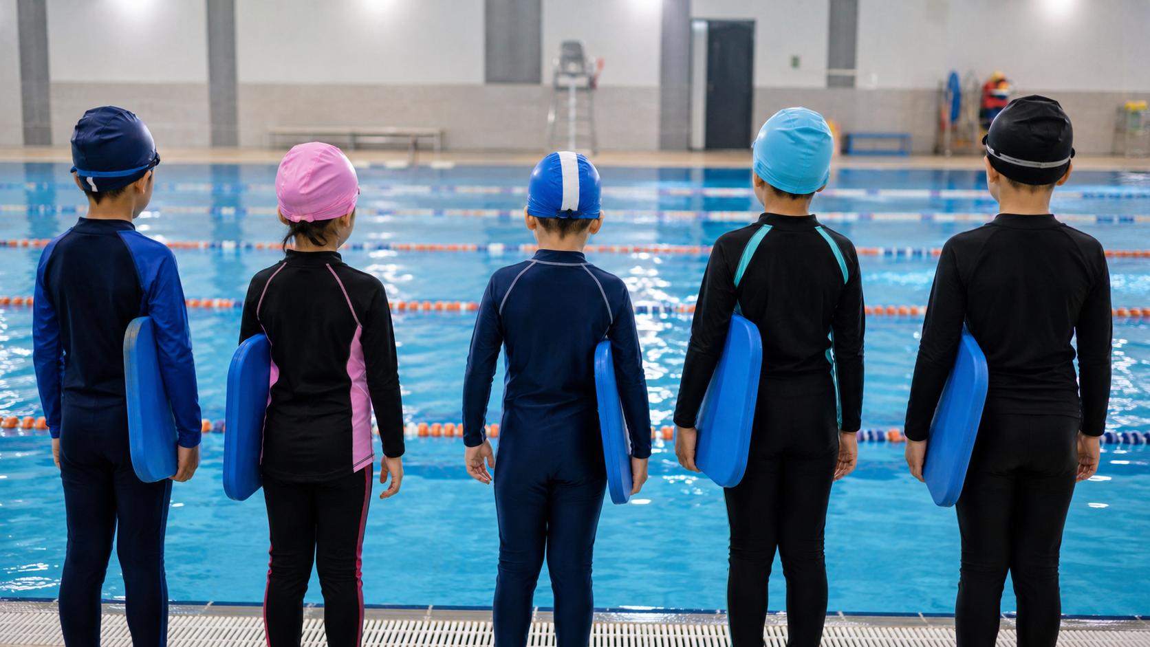 Des enfants vus de dos pendant un cours de natation en piscine municipale couverte