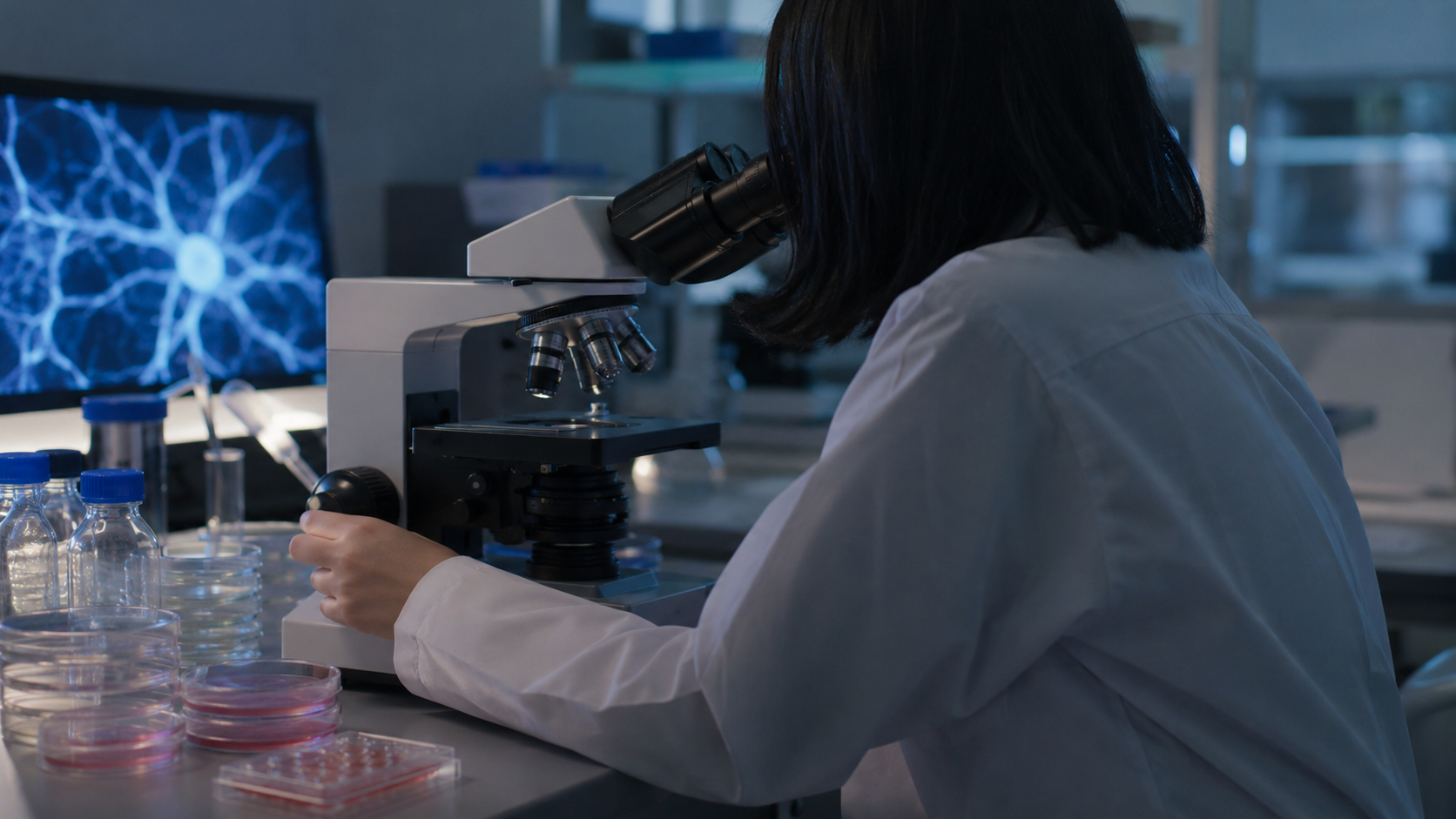 Chercheur examinant des cultures cellulaires en laboratoire dans le cadre d'une étude sur la sclérose en plaques
