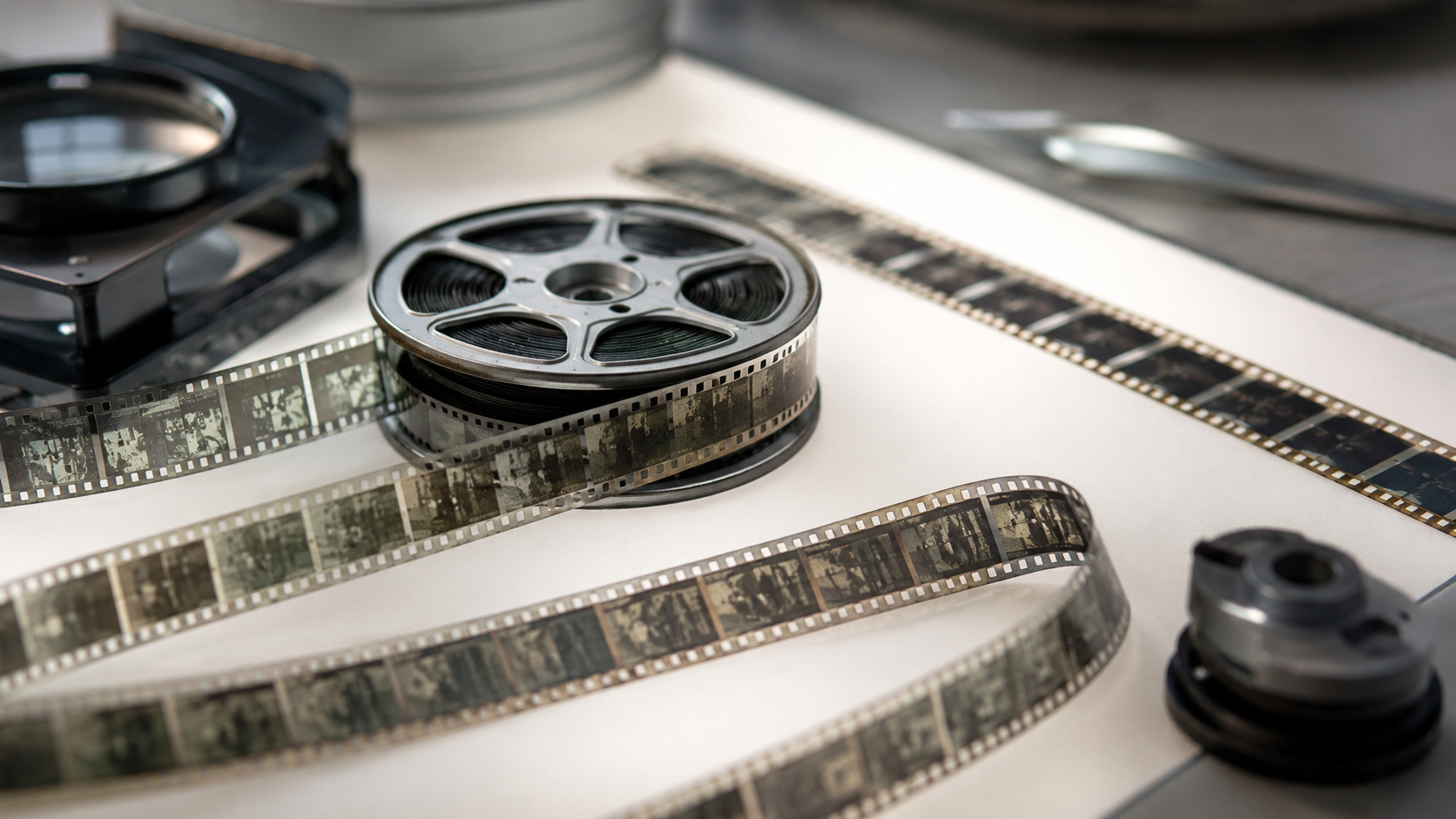Gros plan de bandes de pellicule 9,5 mm et d'une bobine sur la table lumineuse d'un restaurateur de films