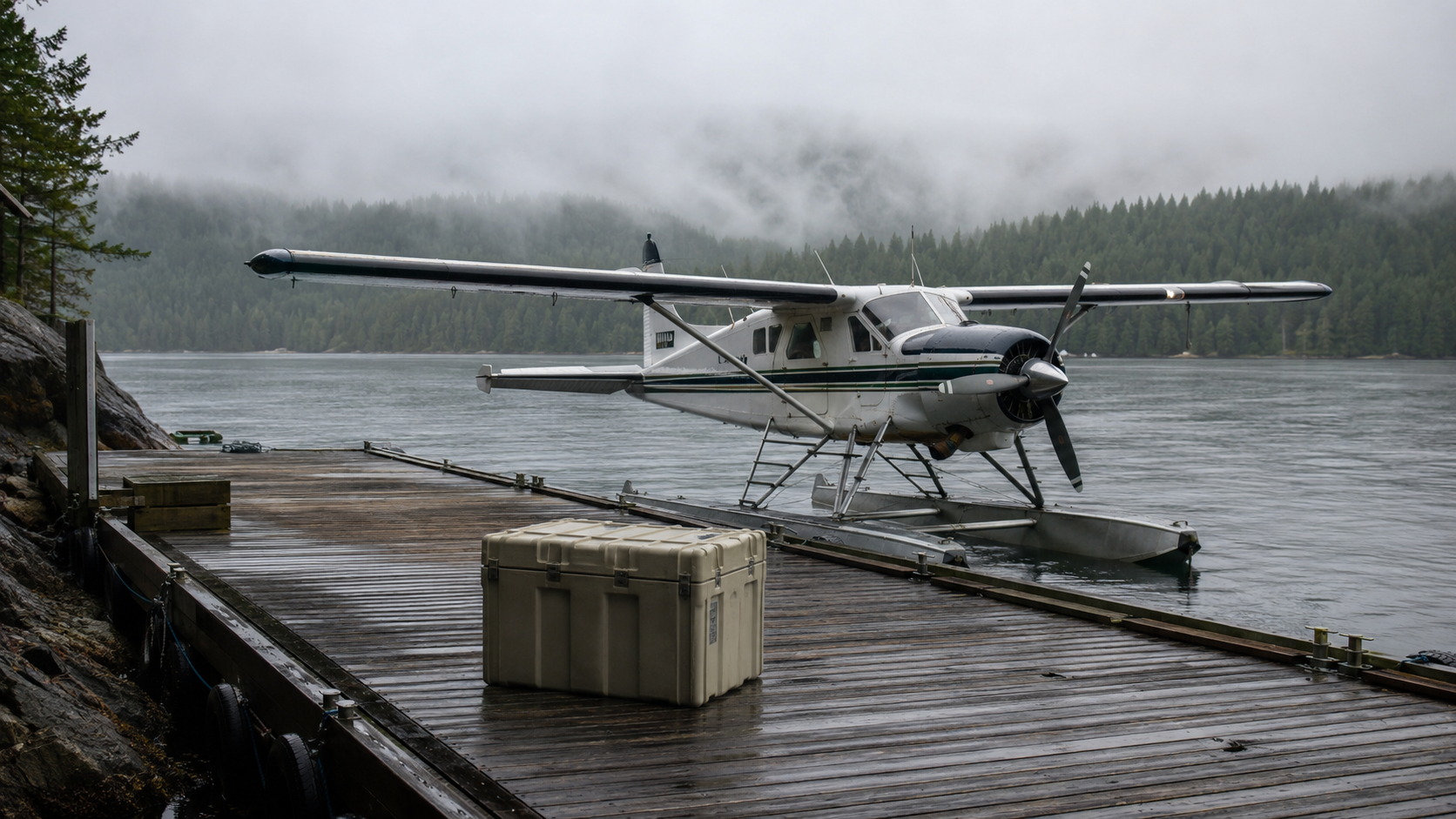 Hydravion et caisse de transport sur un ponton cotier de Colombie-Britannique