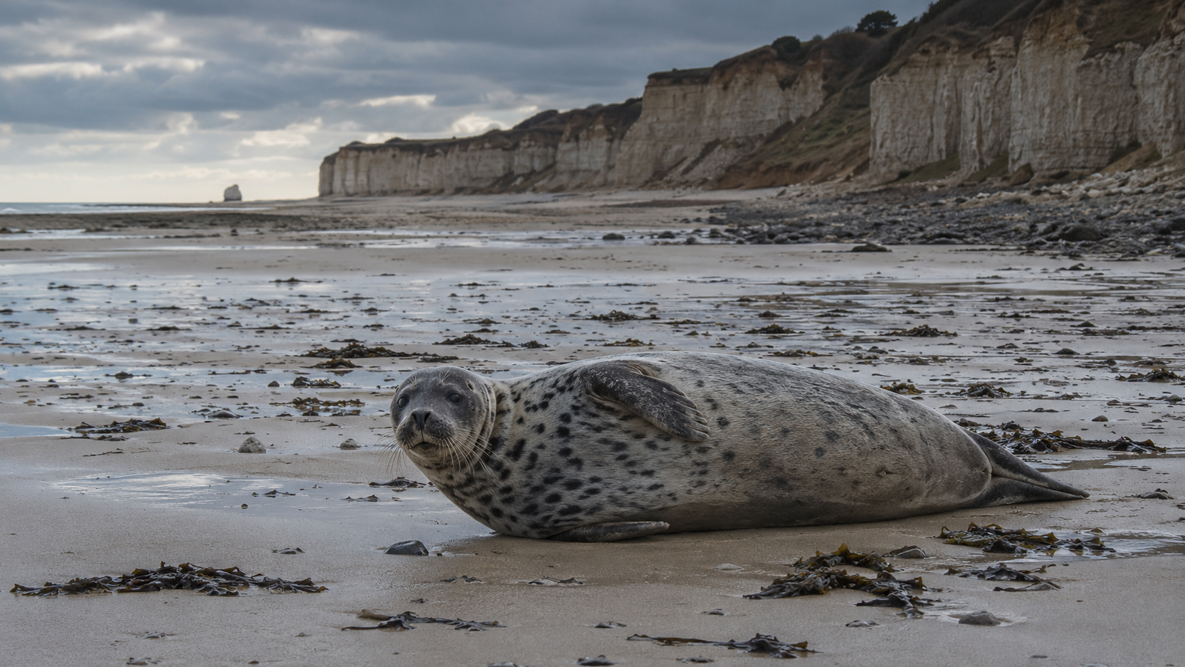 Phoque gris au repos sur une plage du nord de la France a maree basse