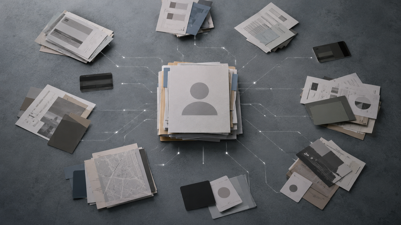 Des documents administratifs dispersés réunis en une seule pile par des lignes abstraites