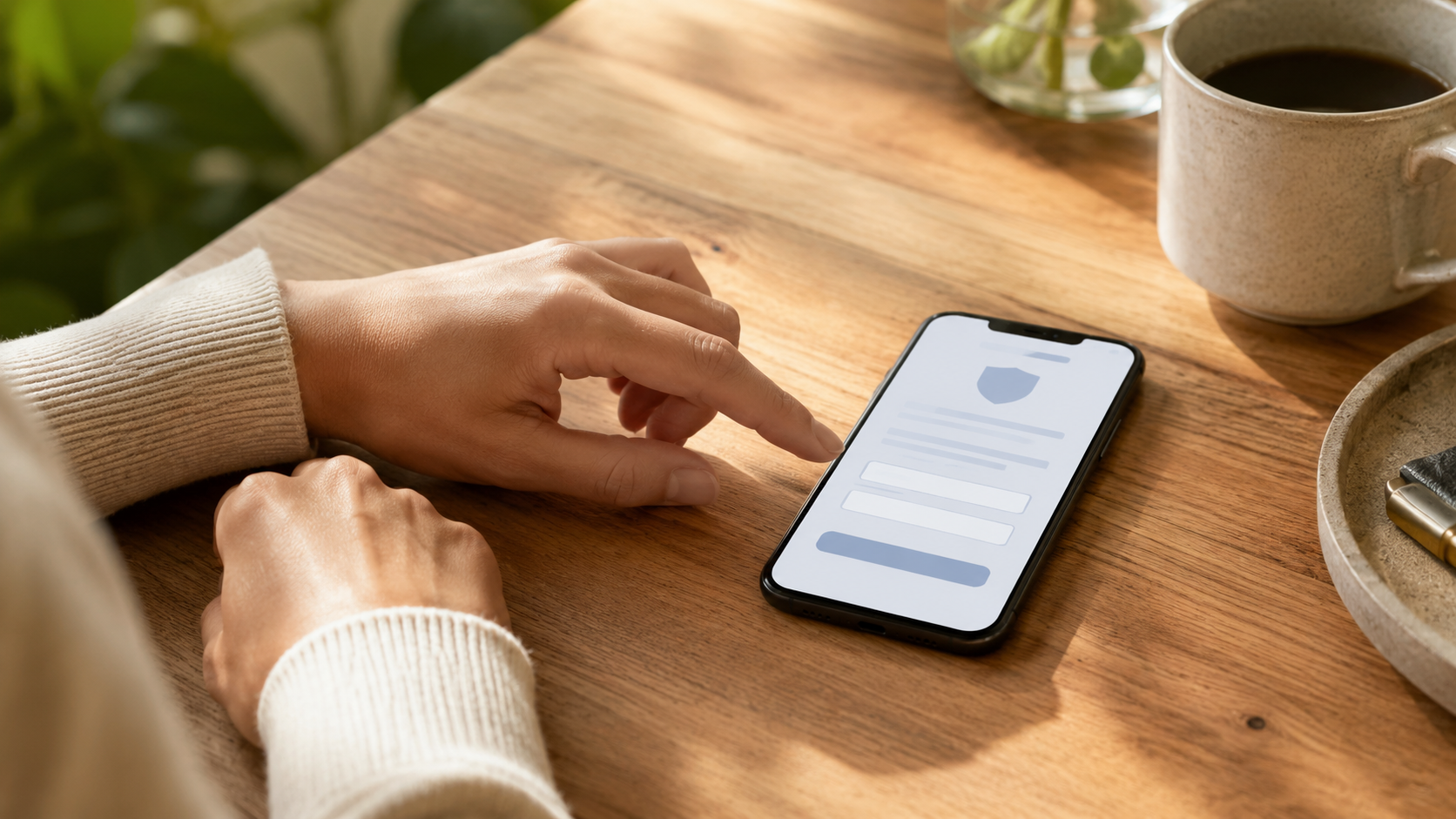 Un smartphone sur une table affiche un écran générique de changement de mot de passe, mains posées à côté