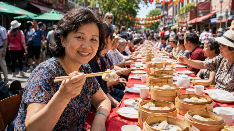 Longue tablée nappée de rouge dans une rue fermée d'un quartier chinois, une convive souriante saisit un ravioli aux baguettes