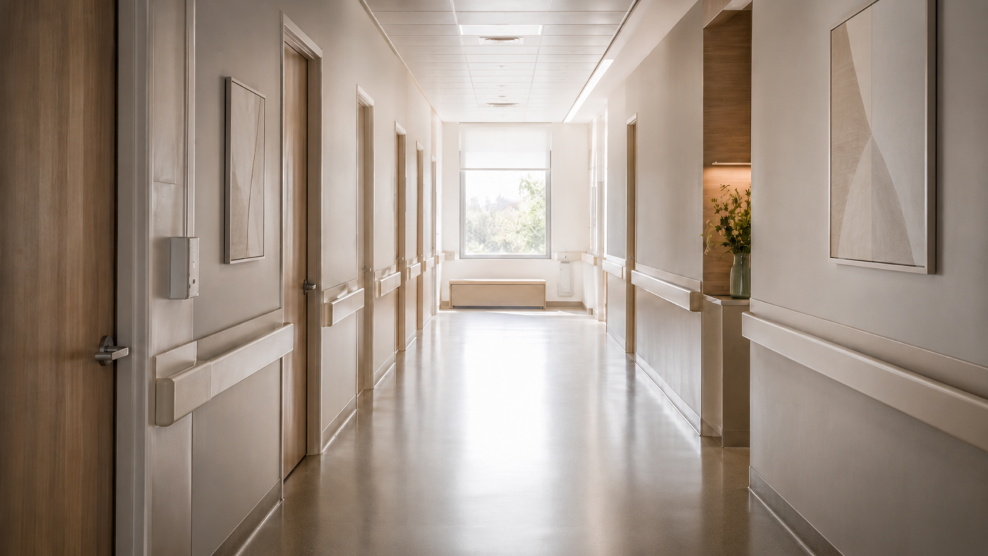 Un couloir de maternité calme et vide dans une lumière douce, portes fermées