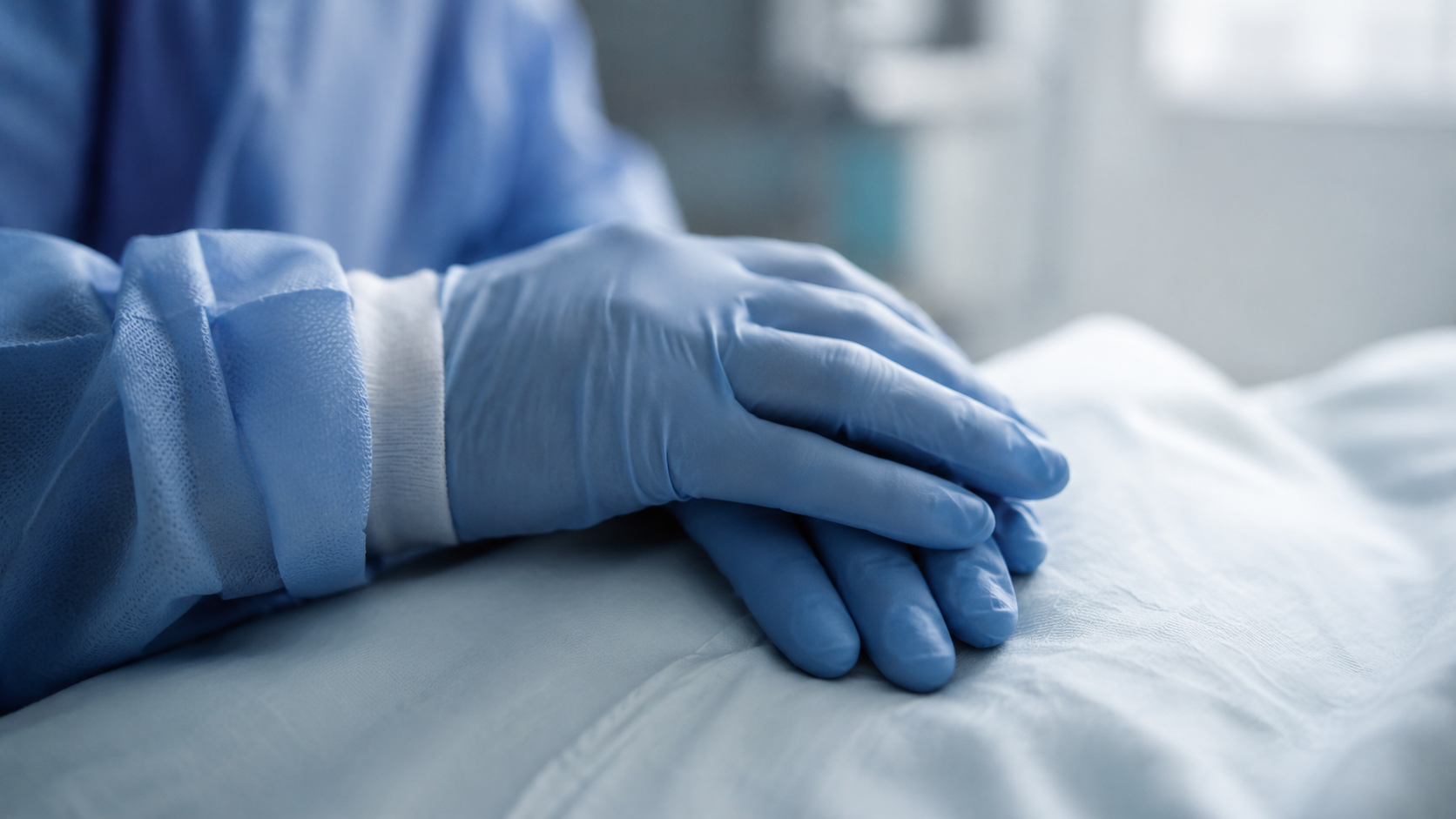 Des mains soignantes gantées posées avec douceur près d'un chevet d'hôpital