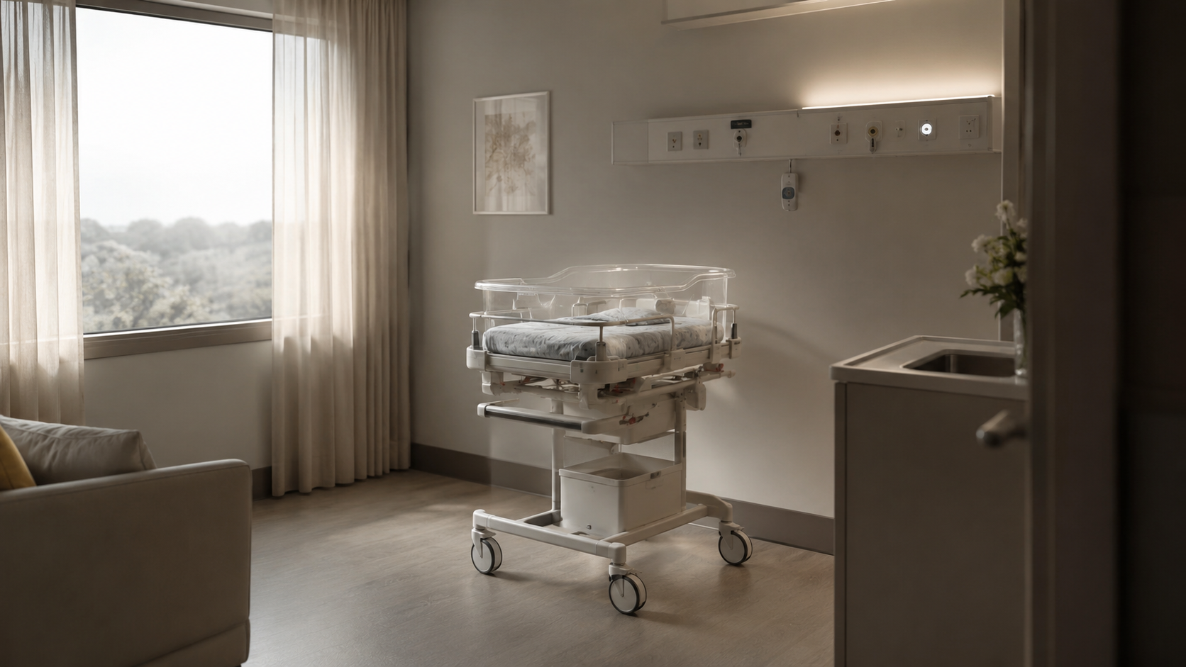 Un berceau de néonatalogie vide dans une chambre d'hôpital calme, vu de loin