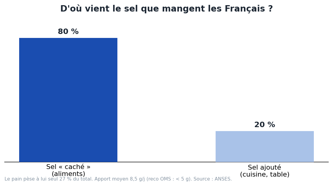 Répartition du sel en France : 80 % caché dans les aliments, 20 % ajouté ; pain 27 % ; apport 8,5 g/j pour une reco OMS sous 5 g