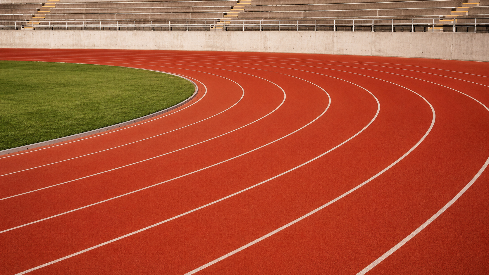 Une piste d'athlétisme rouge vide qui s'incurve vers la gauche sous la lumière du jour