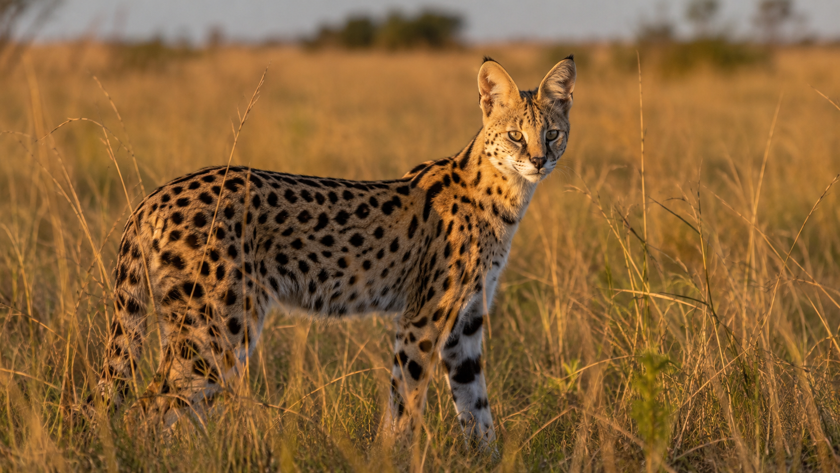 Un serval africain en savane dans son habitat naturel, herbes hautes et lumiere dorée