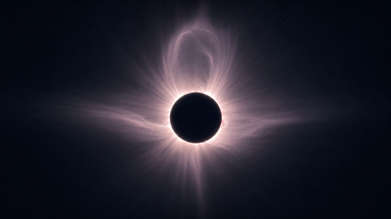 Couronne solaire lors d'une éclipse totale montrant un grand « casque » magnétique étiré vers l'espace