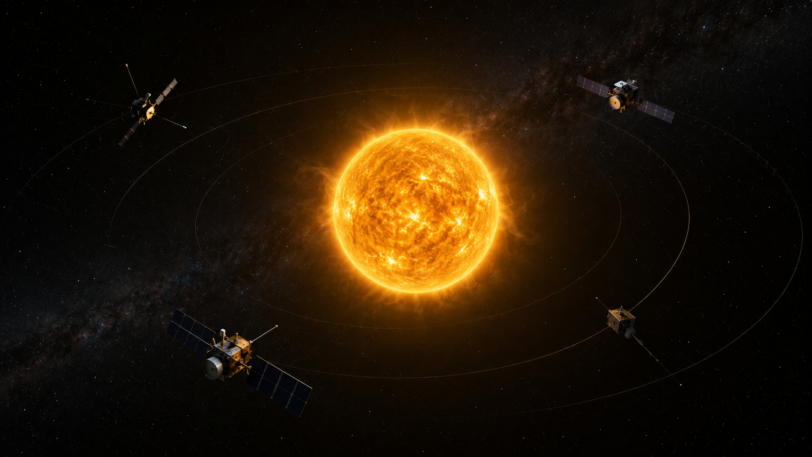 Quatre sondes spatiales disposées à différentes positions autour du Soleil dans le Système solaire interne