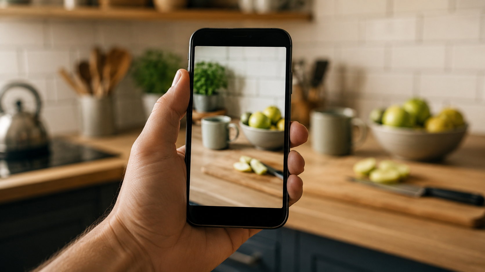 Une main pointe un smartphone vers une scène de cuisine comme pour analyser ce qu'il voit
