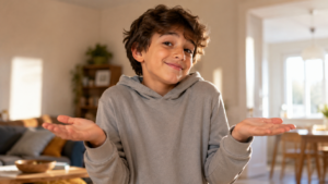 Un preadolescent fait le geste du meme, deux mains paumes vers le ciel, avec un sourire malicieux