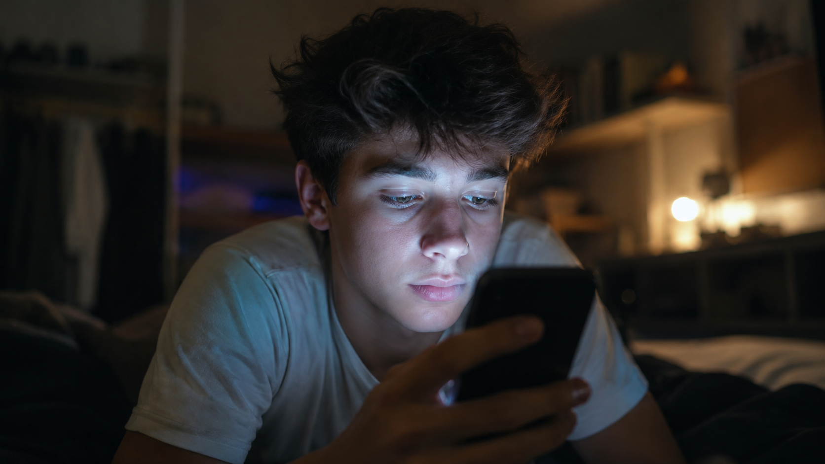 Un adolescent fait defiler des videos courtes sur son telephone, le visage eclaire par l'ecran