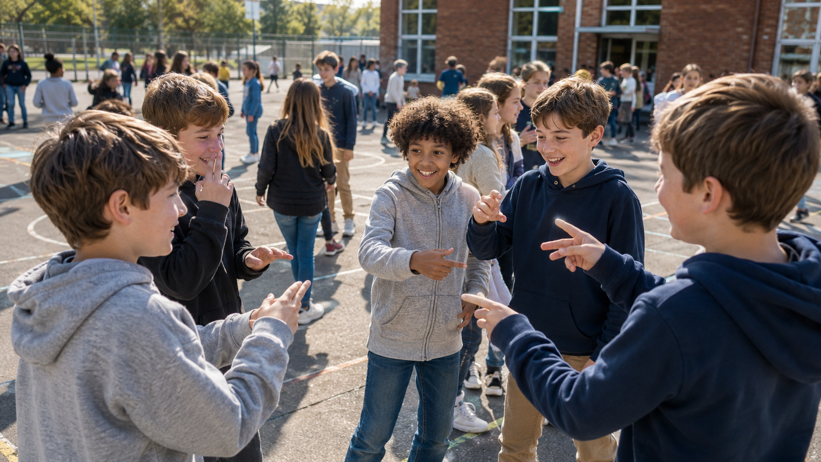 Une cour de recreation animee, des enfants qui rient et gesticulent ensemble