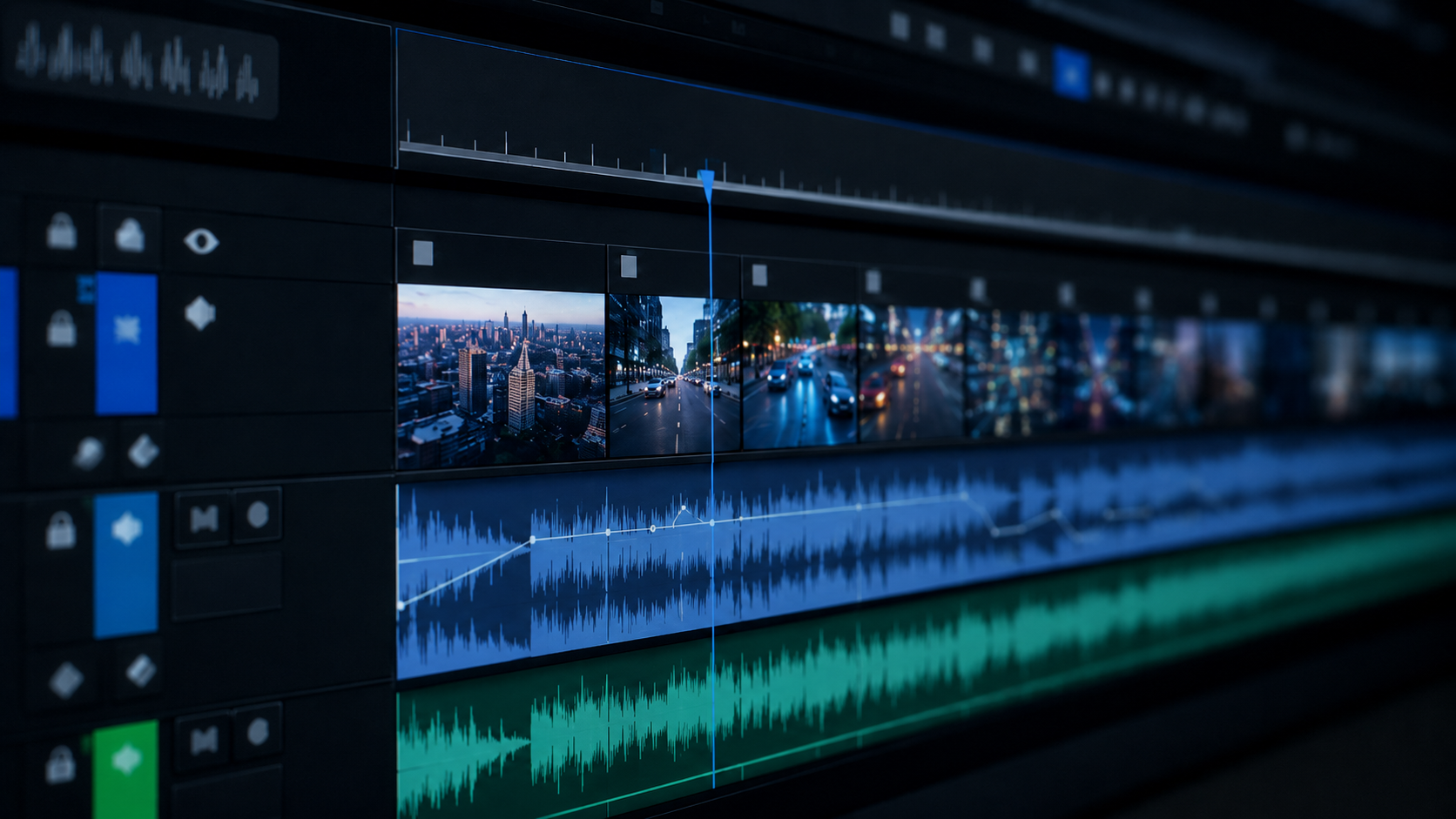 Gros plan sur une timeline de montage avec compteur de timecode et forme d'onde audio alignée