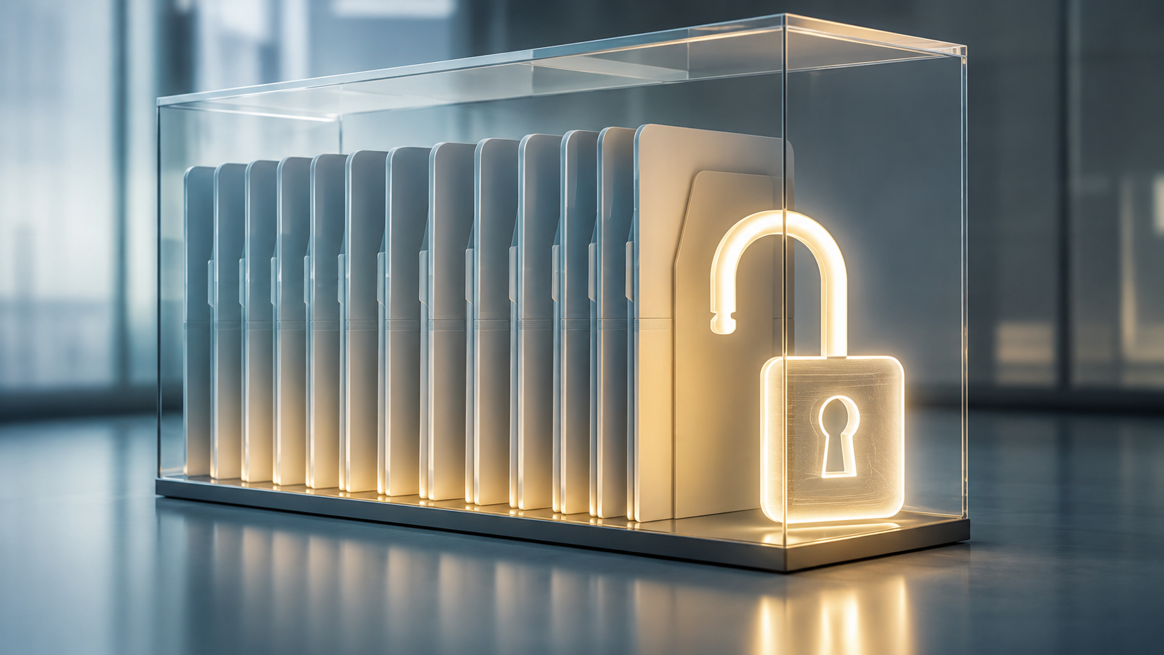 Un cadenas ouvert lumineux à côté de rangées d'icônes de documents techniques flottant dans une lumière douce