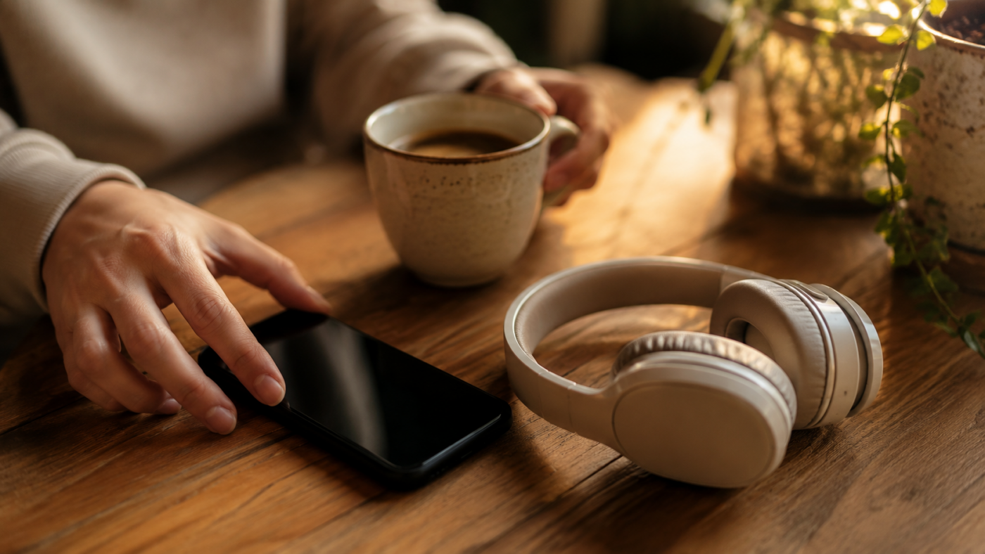 Smartphone et casque audio sur une table de cuisine au petit matin