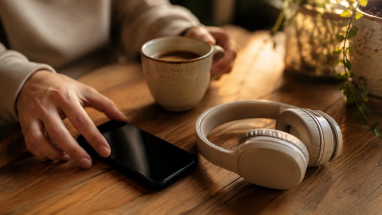 Smartphone et casque audio sur une table de cuisine au petit matin