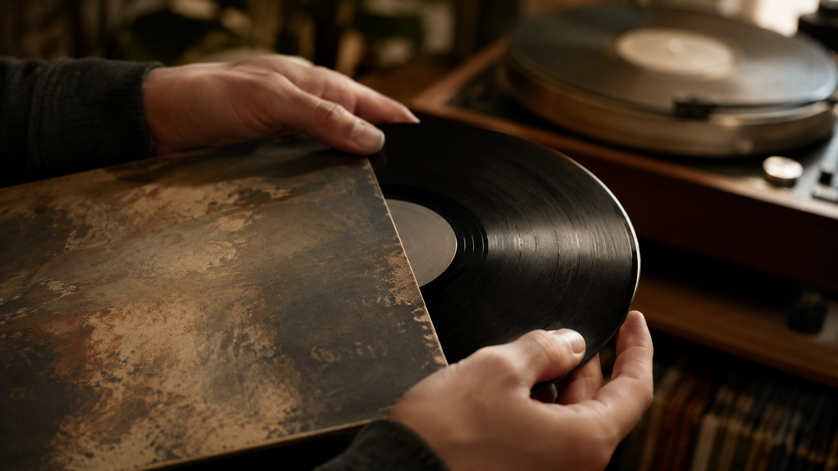 Mains sortant un disque vinyle de sa pochette devant une platine