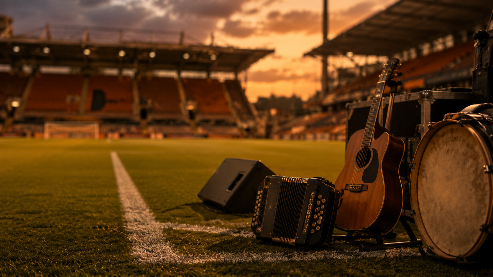 Instruments de concert posés au bord d’une pelouse de stade