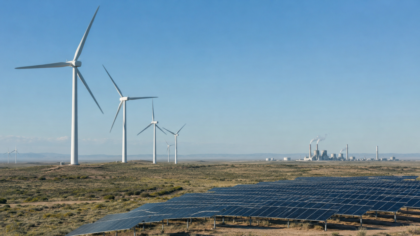 Éoliennes et parc solaire au premier plan, une centrale au gaz au loin sous un ciel clair