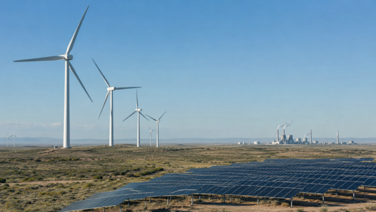 Éoliennes et parc solaire au premier plan, une centrale au gaz au loin sous un ciel clair