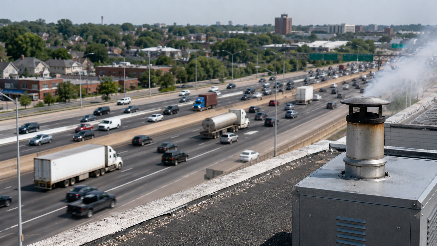 Une autoroute chargée et une sortie de chaudière à gaz sur un toit, usages encore fossiles