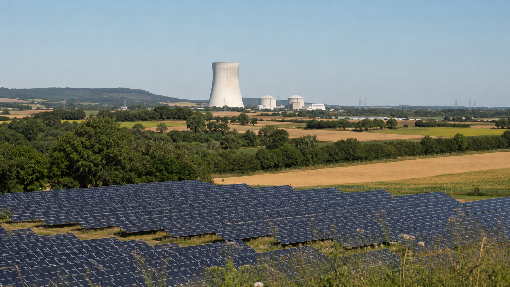 Une tour de refroidissement nucléaire au loin et un parc solaire dans des champs français