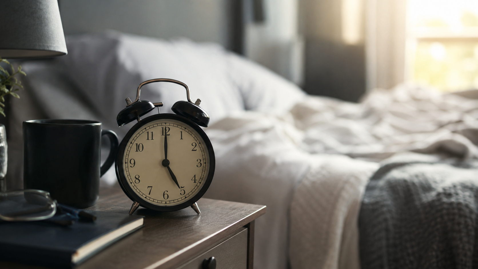Un reveil sur une table de chevet au petit matin, un lit defait en arriere-plan