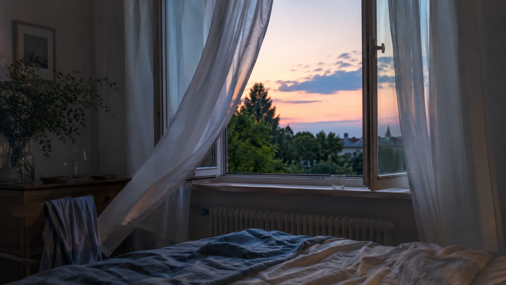 Une fenetre de chambre ouverte au crepuscule l'ete, des rideaux legers souleves par l'air