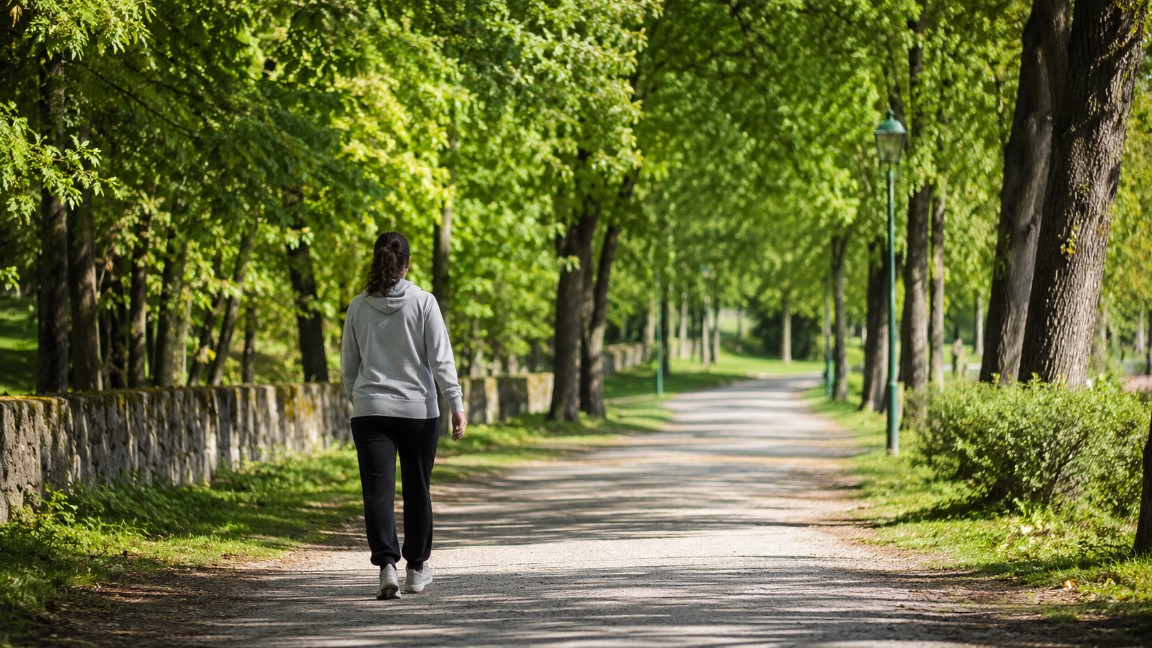 Une silhouette marche d'un bon pas sur un chemin de parc en plein jour