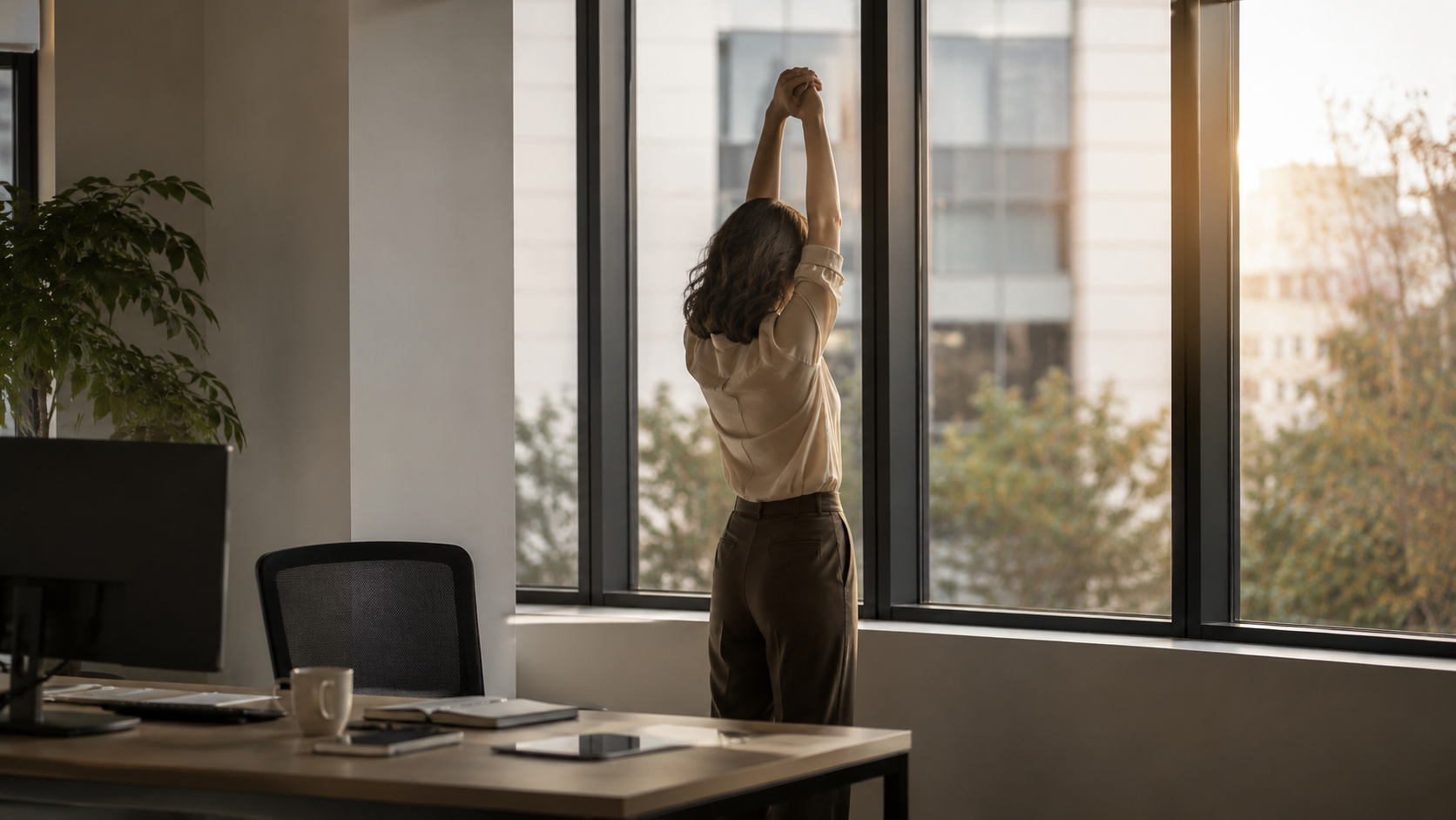 Une personne se leve et s'etire pres d'une fenetre, s'eloignant de son bureau