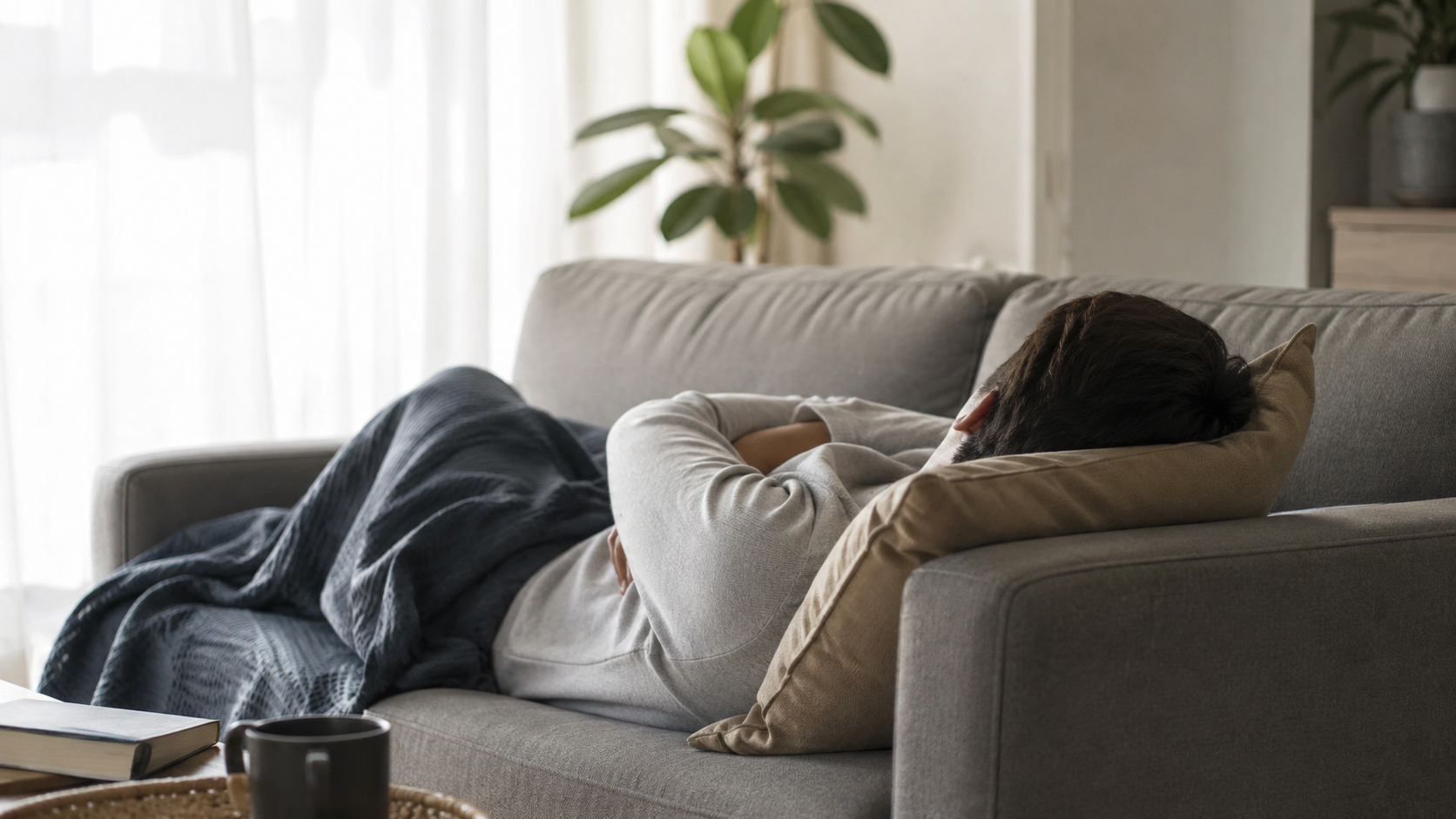 Adulte faisant la sieste sur un canapé en journée, lumière douce