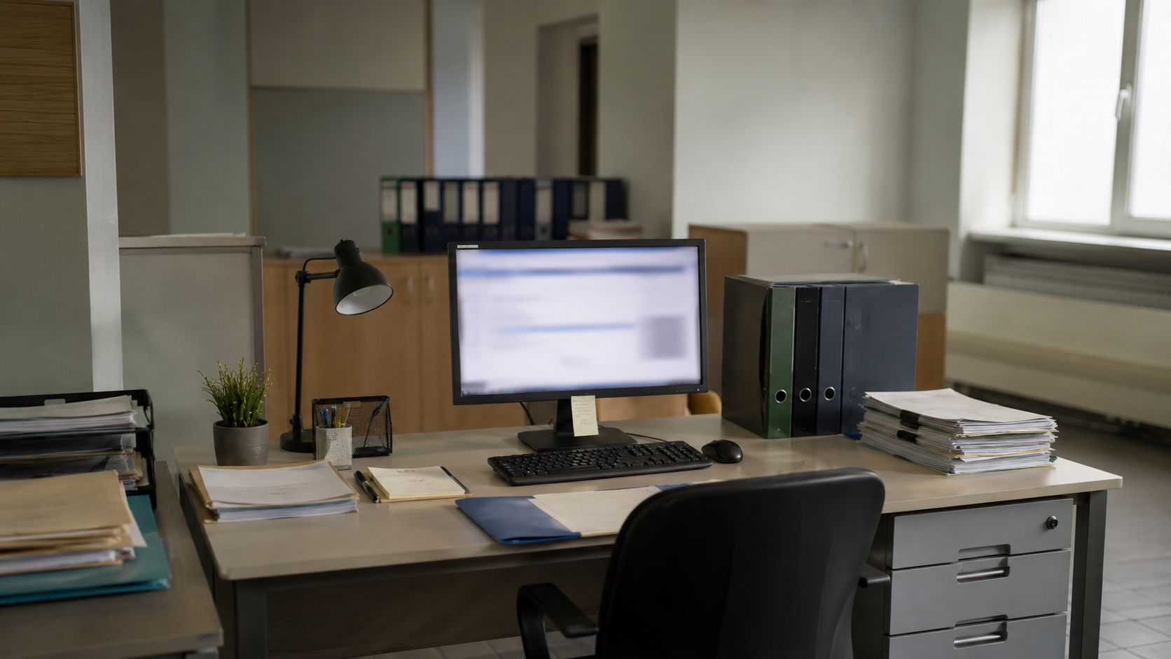 un poste de travail d'administration avec un écran allumé sans interface lisible et des dossiers