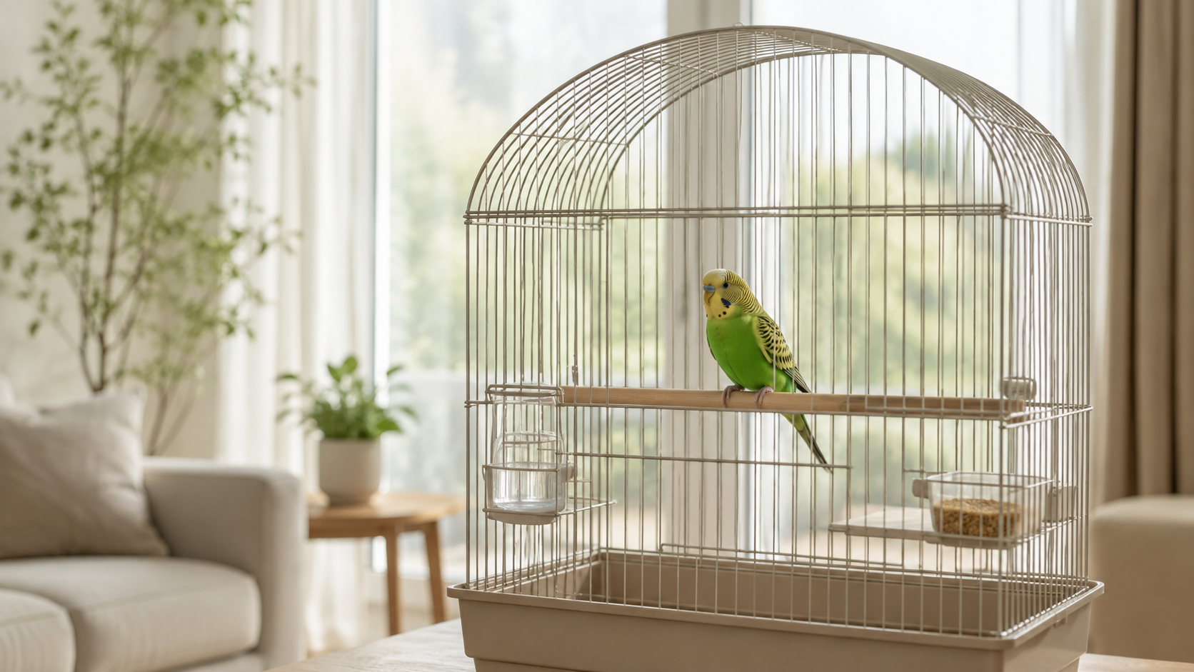 Une cage spacieuse et propre avec une petite perruche verte sur son perchoir dans un salon clair