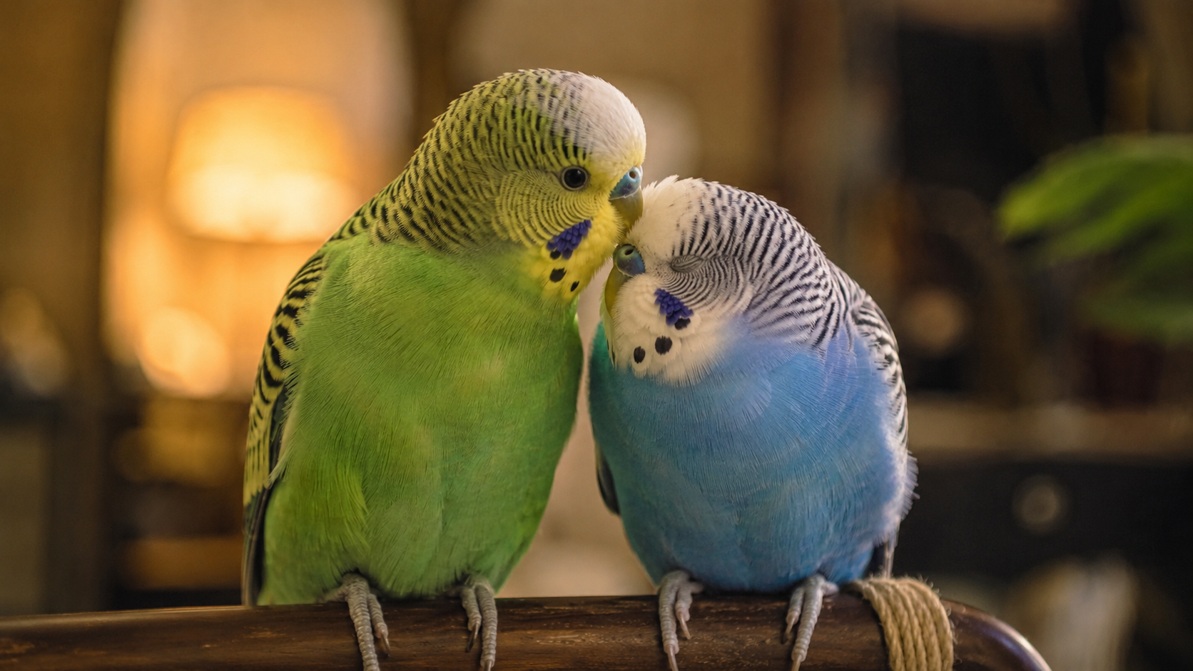Deux perruches ondulées, une verte et une bleue, côte à côte sur un perchoir