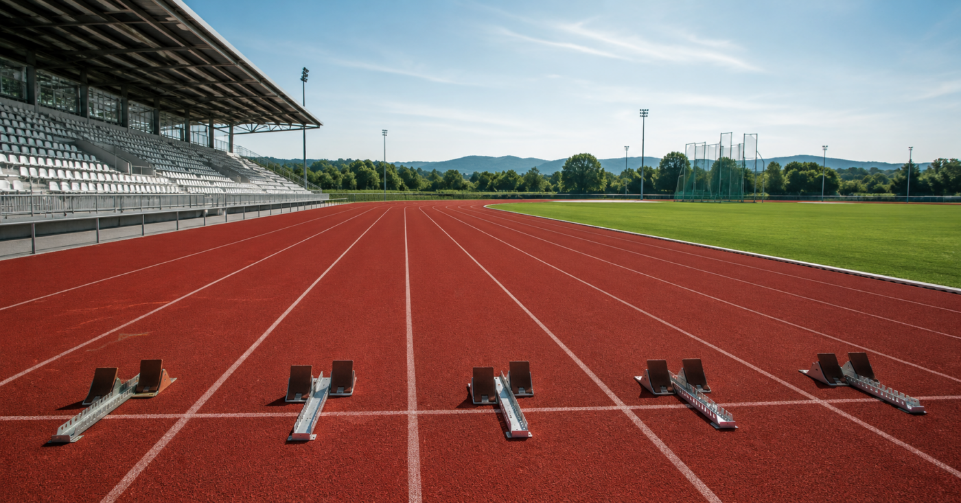 Blocs de départ vides sur une piste d'athlétisme en tartan rouge sous le soleil de juin