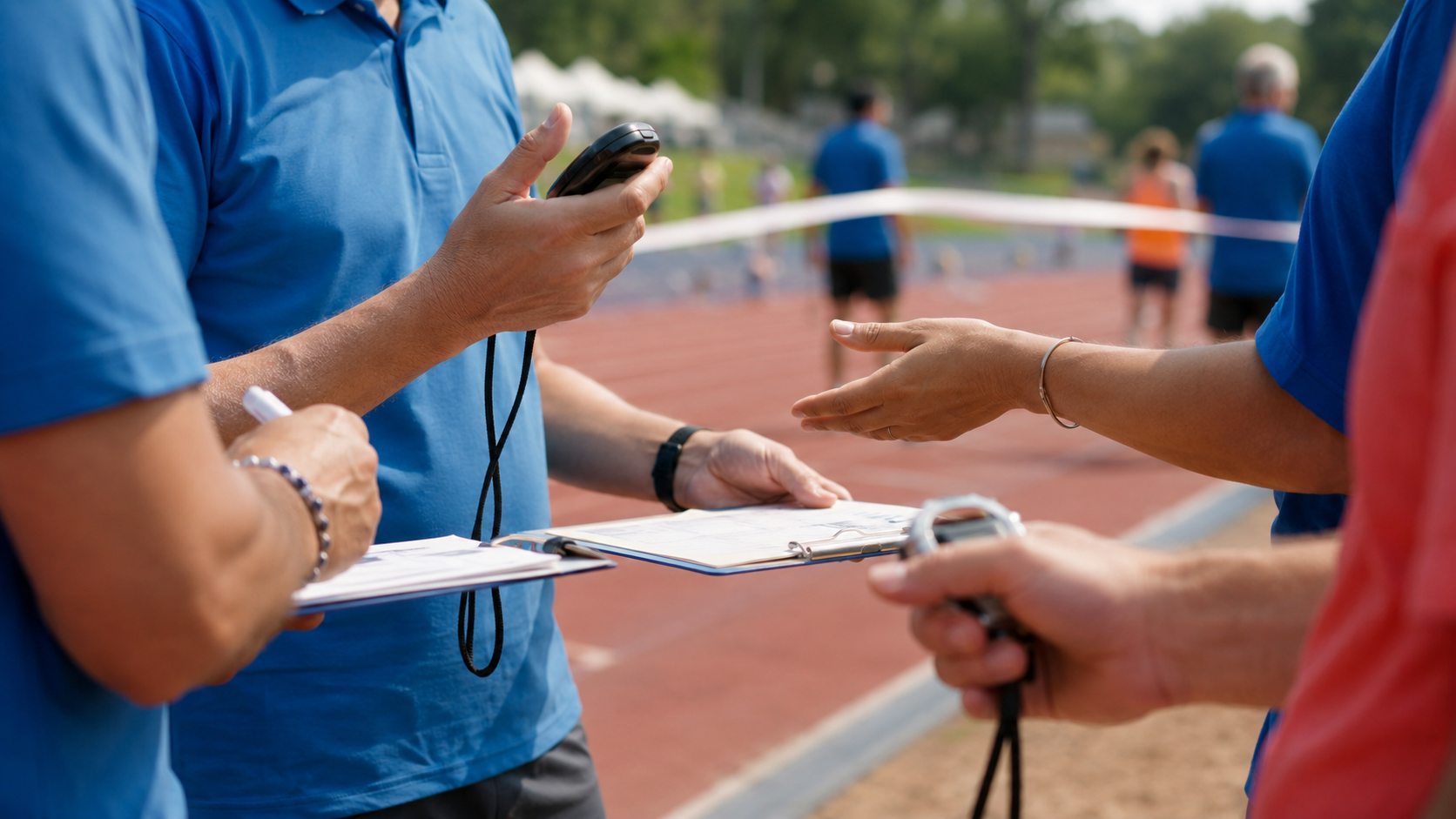 Des bénévoles en polo de sport préparent une ligne d'arrivée, chronomètres en main