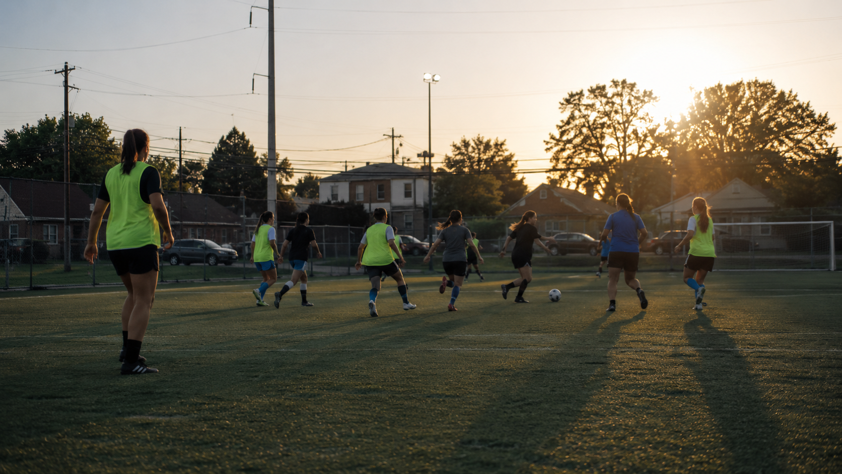 Femmes d'ages varies jouant sur un terrain de sport de quartier en soiree
