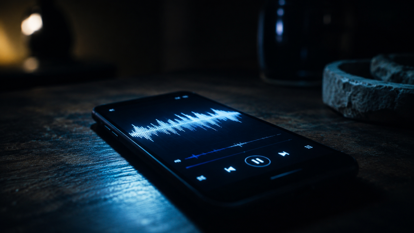 Un smartphone posé dans la pénombre, une application de streaming musical générique allumée à l'écran