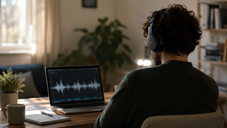 Personne écoutant un brief audio au casque devant un ordinateur le matin