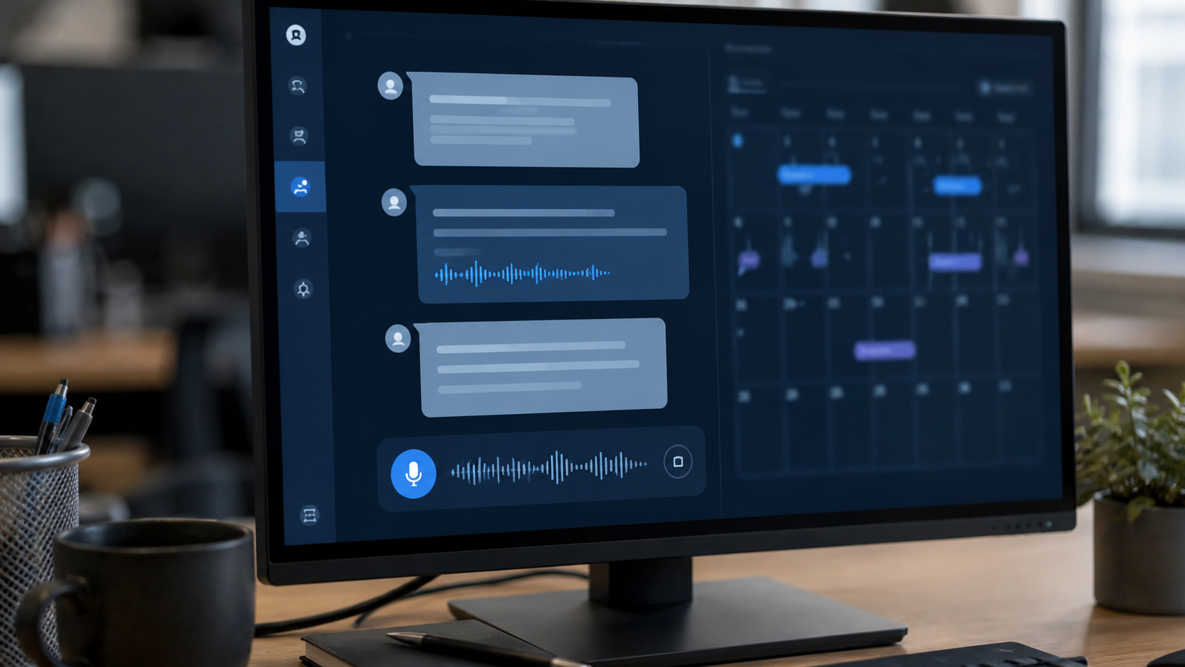 Écran d'ordinateur montrant une interface audio abstraite et une grille de calendrier en arrière-plan