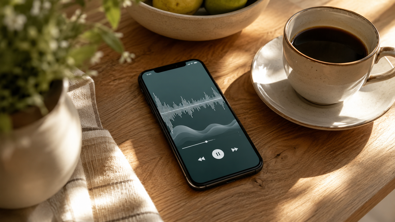Smartphone affichant un lecteur audio sur une table de petit-déjeuner le matin