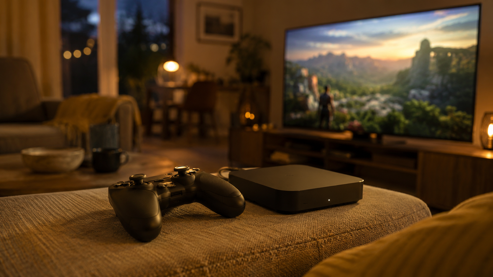 Manette et petit boîtier de jeu sur l'accoudoir d'un canapé face à une télévision