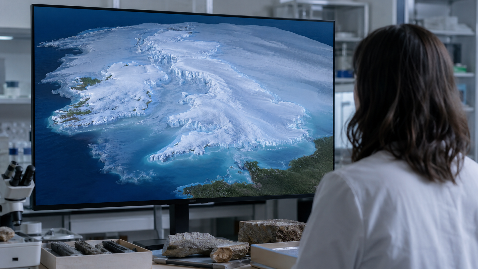 Chercheur analysant une simulation informatique des mouvements de la calotte glaciaire sur les îles britanniques