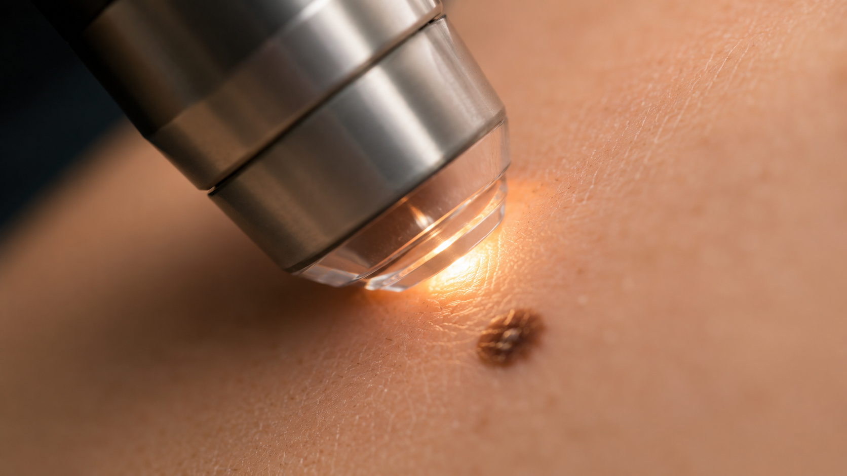 Très gros plan d'un embout optique émettant un faisceau lumineux sur une peau portant un grain de beauté